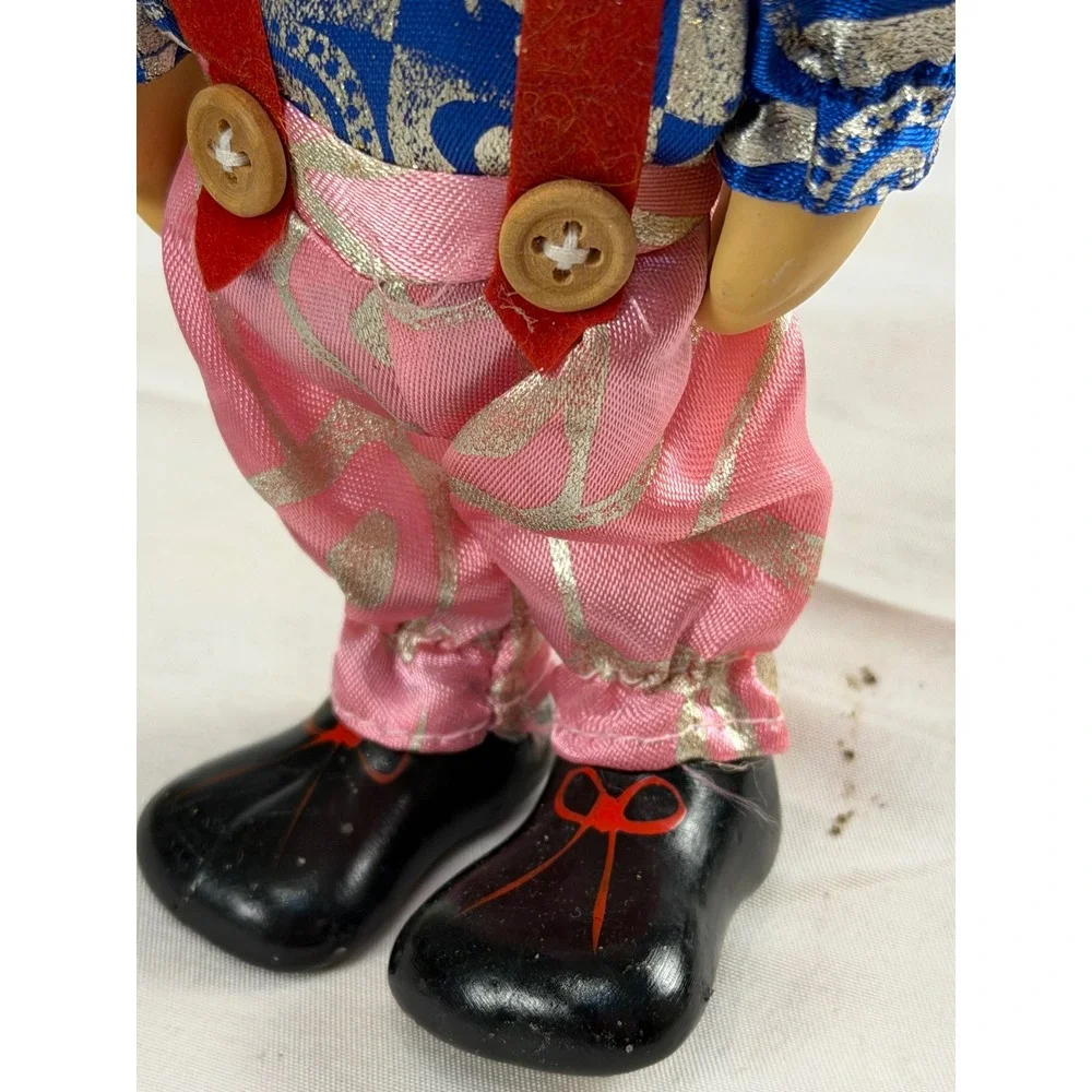 Vintage Porcelain Clown Doll Yellow Hair Blue Silver Pink Outfit 7.5 Inch